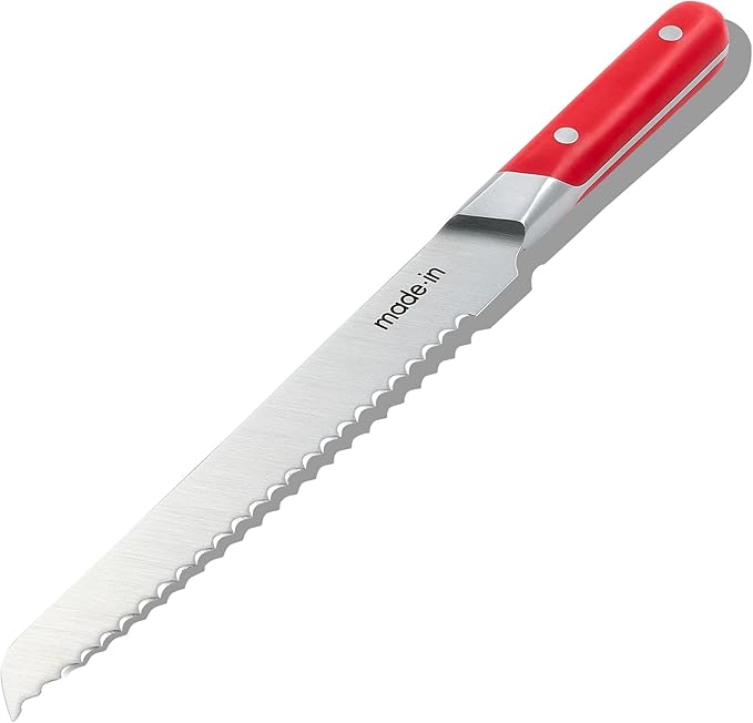 Made In Cookware - 9" Inch Bread Knife - Crafted in France - Full Tang With Pomme Red Handle