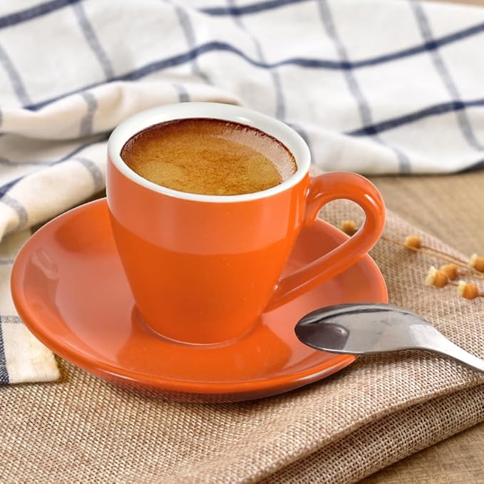 Porcelain Espresso Cup with Saucer And Stainless Steel mini Spoons, Espresso shot Cup, 80ml/2.7Oz, Pack of 2, Orange