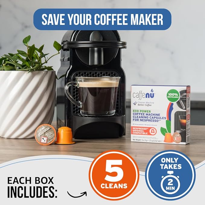 Nespresso Compatible Cleaning Pods. 5 Cleaner Capsules. Improved Coffee Flavor. For Nespresso Originaline, Use with Descaling Kit.