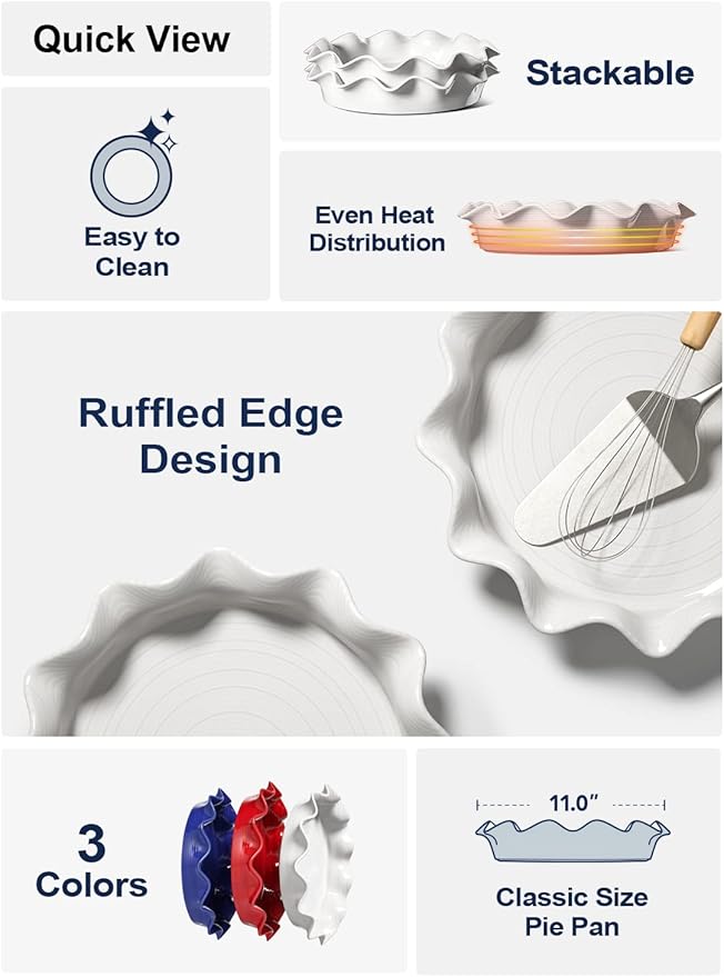LE TAUCI Ceramic Pie Pans for Baking, 11 Inches Deep Dish Pie Plate for Apple Pie, Pot Pie, 48 Ounce Baking Dish with Ruffled Edge, Set of 2, White