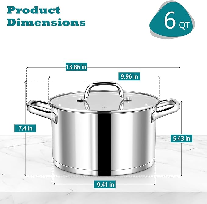 P&P CHEF 6 Quarts Cooking Stock Pot with Lid, Stainless Steel Stockpot Induction Pot for Soup, Tri-Ply Bottom & Clear Glass Lid & Double Handle, Dishwasher Safe