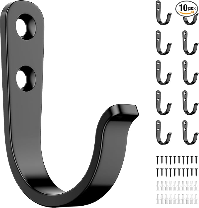 10Pcs Wall Hooks for Bathroom, Kitchen, Closet, and Garage - Black Metal Hooks for Hanging Coats, Towels, Hats, Keys, Bags, and Coffee Cups - Holds Up to 40 lbs