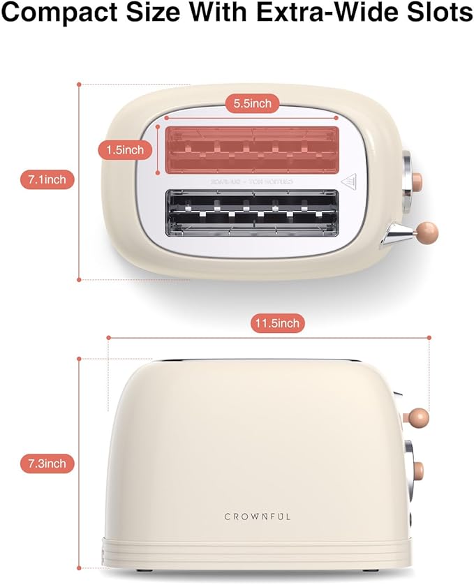 CROWNFUL 2-Slice Toaster, Extra Wide Slots Toaster, Retro Stainless Steel with Bagel, Cancel, Defrost, Reheat Function and 6-Shade Settings, Removal Crumb Tray, Cream