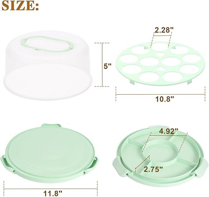 Cake Carrier with Lid and Handle, Cake Stand Cupcake Containers for 10 inch Cake with 2 Handles Cupcake Holder, 3 in 1 Transport Storage Container for Cake Pie Muffin Pizza,Green Round Cake Carriers