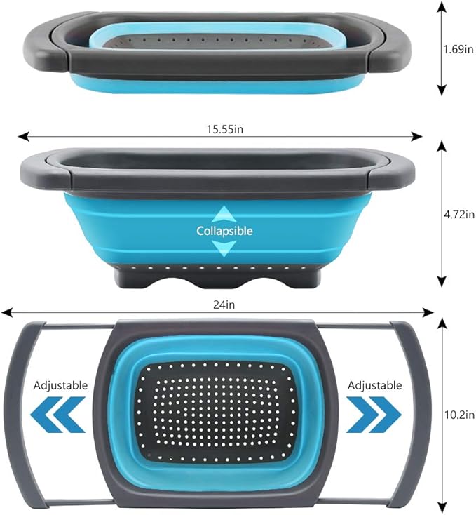 Qimh Colander Collapsible, Colander Strainer Over the Sink Food Colanders Strainers with Extendable Handles, 6-Quart, Dishwasher-Safe Kitchen Folding Strainer for Pasta, Veggies and Fruits