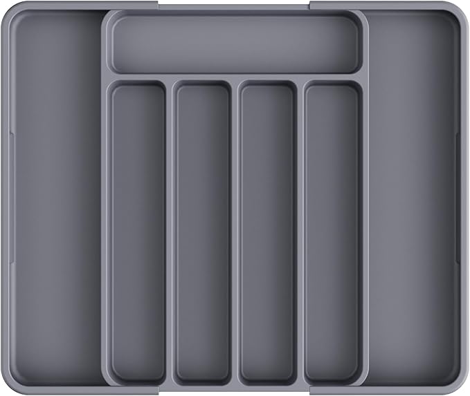Kitsure Cutlery Drawer Organiser for Kitchen - Adjustable Cutlery Tray for Effortless Utensil Sorting, Versatile Kitchen Storage & Organisation Solution, 12.13" x 1.54" x 8.07"~13.90", Grey