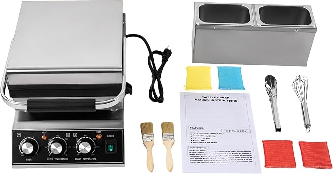 2200W Commercial Waffle Maker, Electric Square Waffle Maker Non-Stick Stainless Steel Belgian Waffle Iron w/Time & Temper Adjustable|Oil Spill Chute, Large Waffle Machine for Restaurant Party Food