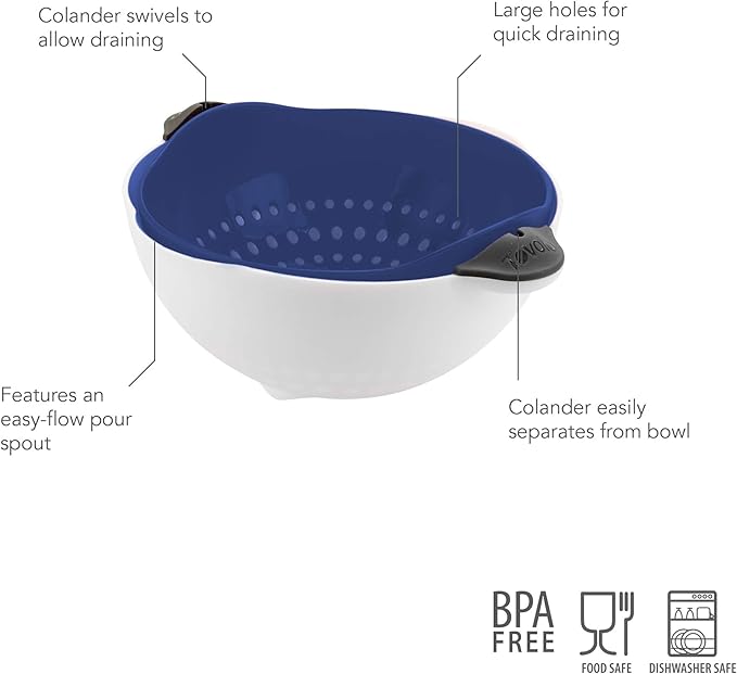 Tovolo Soak N' Strain 1.5 Quart Colander Easy-Pour Spout, 2-in-1 Strainer & Soaking Bowl, Fruit Bowl & Vegetable Wash, BPA-Free & Dishwasher-Safe, Deep Indigo