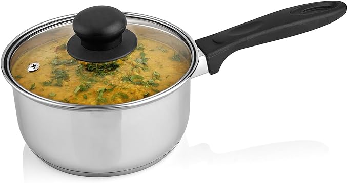 MARBELLA 1 Quart Stainless Steel Saucepan with Glass Lid & Bakelite Handle – Food Grade, Nickel Free, Heavy Duty Multipurpose Pot for Gas & Dishwasher Safe (Silver)