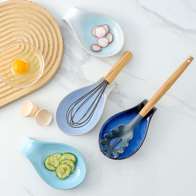Nihow Ceramic Spoon Rest: 4 Inch Stable Utensil Rest - Heat Resistant Spoon Holder for Kitchen counter/Counter top/Stove Top - Dishwasher Safe - Elegant Blue & White (1 PC)