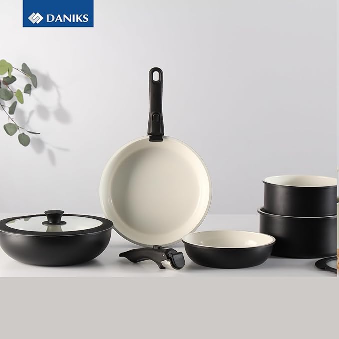 Daniks 9-Piece Nonstick Cookware Set, Ceramic Induction Pots and Pans with Detachable Silicone Handles, Oven & Dishwasher Safe, Black