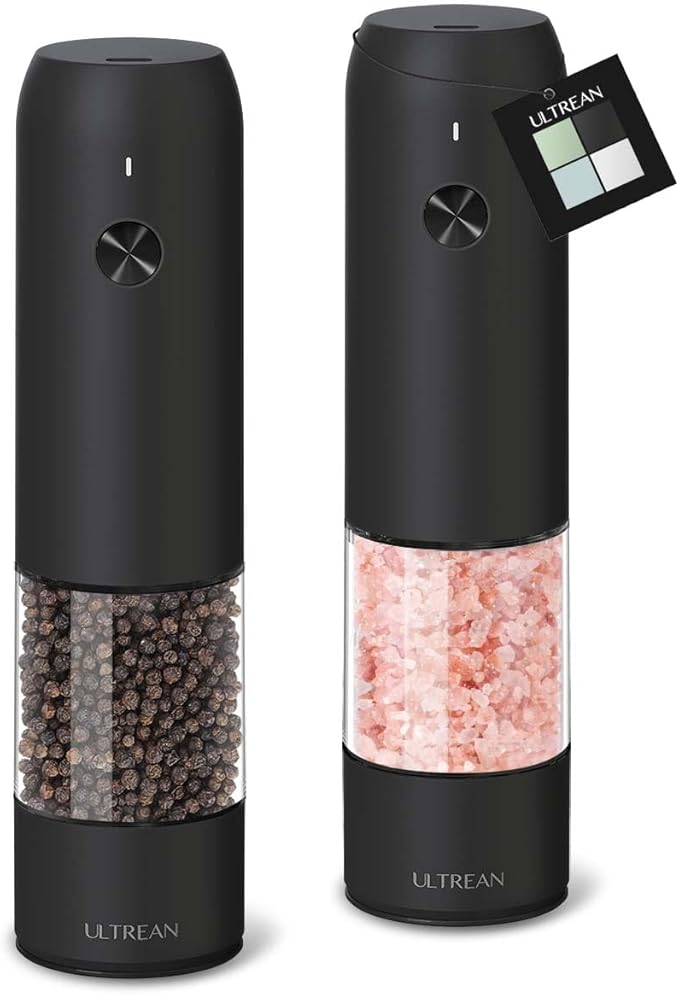 Ultrean Pepper Grinder, Rechargeable Salt and Pepper Grinder with 6 Adjustable Coarseness, LED Light, One-Hand Automatic Operation, Black