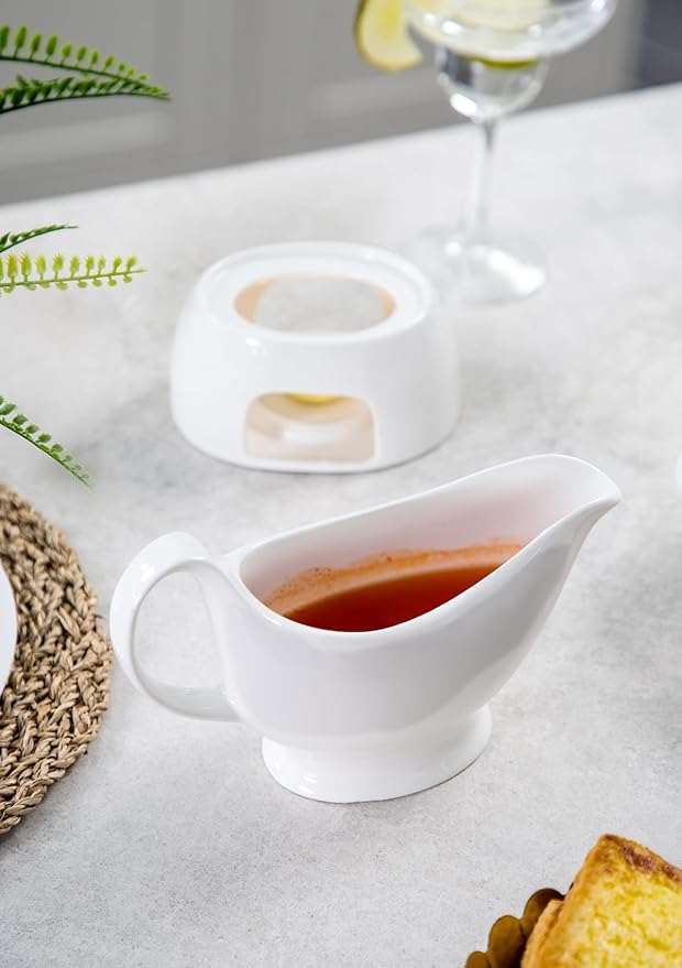 Nucookery Classic 17 Oz Gravy Boat with Warmer, White Fine Porcelain Saucier With Big Dripless Lip Spout, Bowl For Thanksgiving, Warming Sauces, Salad Dressings, Microwave & Freezer Safe(Set of 2)