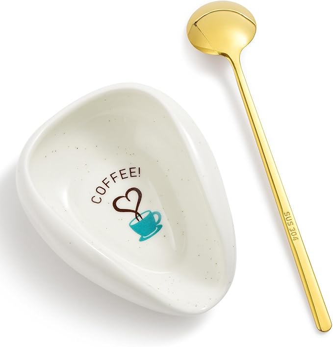 FANGSUN Spoon Rest with Gold Coffee Spoon, Ceramic Spoon Holder for Kitchen Counter, Teaspoon Rest for Stove Top, Cute Coffee Bar & Corner Space Accessories