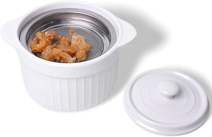 Ceramic Bacon Grease Container with Strainer, 20 oz Cooking Oil Storage Can Grease Keeper for Kitchen, Bacon Grease Keeper with Easy-Grip Handle (White)