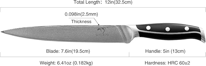 Damascus Kitchen Knife, 8 Inch Slicing Knife Professional Kitchen Knife Forged with VG10 Super Steel 67-Layer Damascus, Non-slip ABS Ergonomic Triple Rivet Handle, Razor Sharp Lightweight Multipurpose