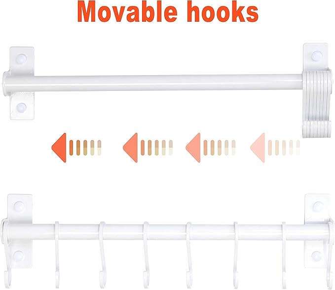 Dseap Kitchen Utensil Holder Hanger, Pot and Pan Rack Wall Mounted, Kitchen Rail with 8 Hooks for Hanging Cooking Utensils, Mugs, Spoons, Wall Mounted, White