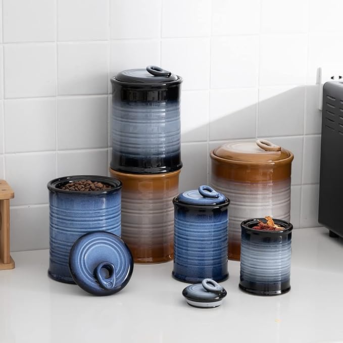 Nihow Food Storage Jar Sets: Ceramic Container with Air Tight Lid for Flour/Sugar/Rice/Coffee/Cookies/Candy - Seal Damp-proof Canister for The Kitchen Counter - Set of 4 (Blue & Black)