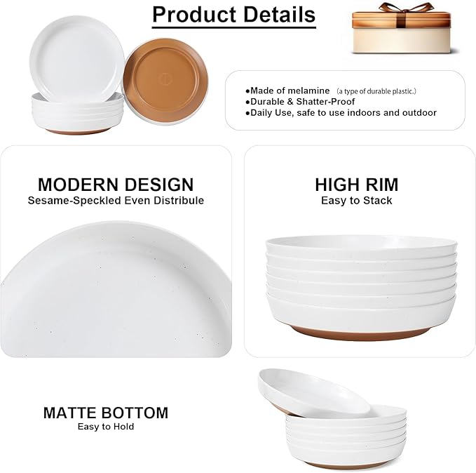 Webbylee 8.25" Melamine Deep Plates Set of 6-28oz Melamine Large Salad Bows,Serving Bowls for Cereal, Fruit, Soup,Deep Enough for Kitchen and Dining White/Brown