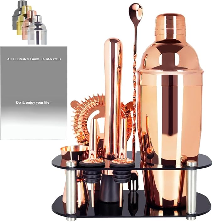 Cocktail Shaker Set, Bartender Kit, Cocktail Shaker with Stand, Drink Mixing Includes Martini Shaker,Strainer,Jigger,Bar Mixer Spoon,Muddler, Pourer, Bar Tool Set  (Rose Gold)