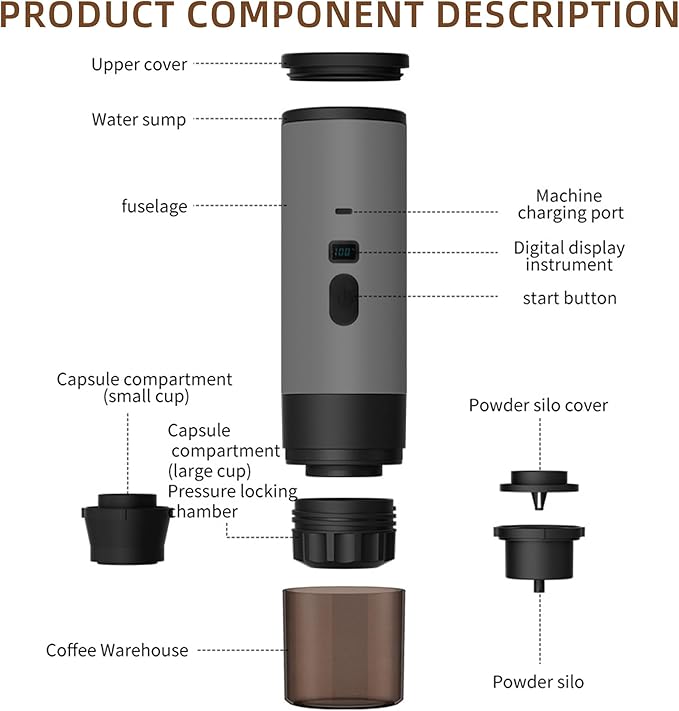 Portable Coffee Maker Espresso Machine for Travel Nano Car Coffee Maker Compatible with Ground Coffee & Capsule for RV, Hiking Camping Office, Travel Espresso Maker Electric Gray