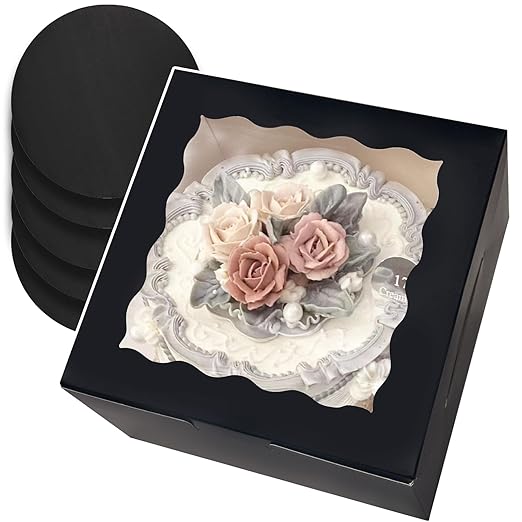 qiqee 8x8x5 Cake Box, 18 Sets Black Cake Box with Window & 18 Sets 8" Black Cake Round Boards, 8inch Cake Containers