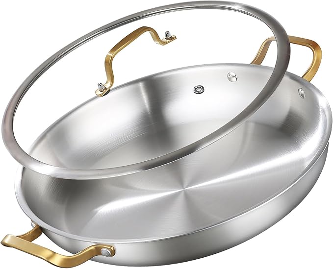 DELARLO Paella Pan With Lid, 14 Inch, Tri-Ply Stainless Steel Large Skillet, Everyday Pan, Fast & Even Heating Induction Cooking Pan, Dishwasher and Oven Safe, Heavy Duty Style