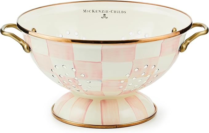 MACKENZIE-CHILDS Enamel Colander, Decorative Kitchen Strainer, Large, Pink-and-White Rosy Check