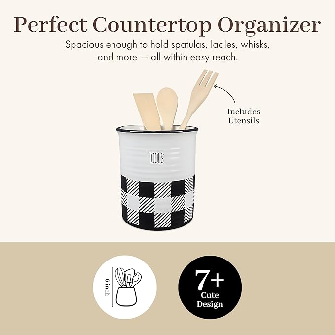 Young's Inc Buffalo Plaid Kitchen Tool Holder with Tools, Ceramic Utensil Holder for Kitchen Counter, Cooking Spoon & Spatula Holder for Counter with Utensils, Black and White