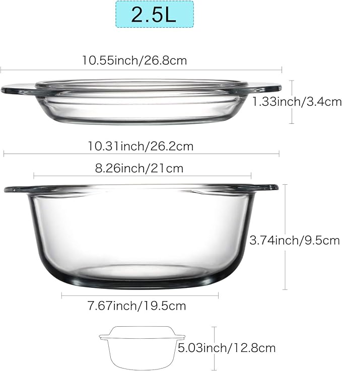 ZYER Round Glass Casserole Dish With Glass Lid,Covered Glass Bakeware Easy Grab Glass Microwave Bowls with Glass Lid (2.5L)