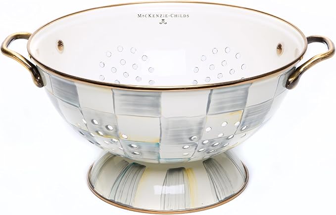 MACKENZIE-CHILDS Enamel Colander, Decorative Kitchen Strainer, Large, Gray-and-White Sterling Check