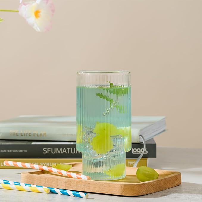 Ribbed Drinking Glasses Set of 6, 14oz Water Glasses,Vintage Glass Cups,Clear Glass Tumbler,Ribbed Glassware for Cocktail,Iced Coffee,Juice,Mojito,Decor,Gifts