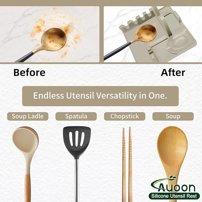 AUOON Spoon Holder for Stove - Silicone Spoon and Lid Rest with Drip Pad Kitchen Utensil Rest for Spoons, Ladles, Spatulas, Tongs & More (Milk Shake, Large)