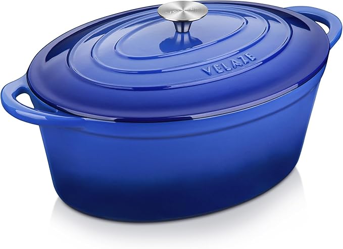 Velaze 7.5 QT Enameled Oval Dutch Oven Pot with Lid, Cast Iron Dutch Oven with Dual Handles for Bread Baking, Cooking, Frying, Non-stick Enamel Coated Cookware(Blue)