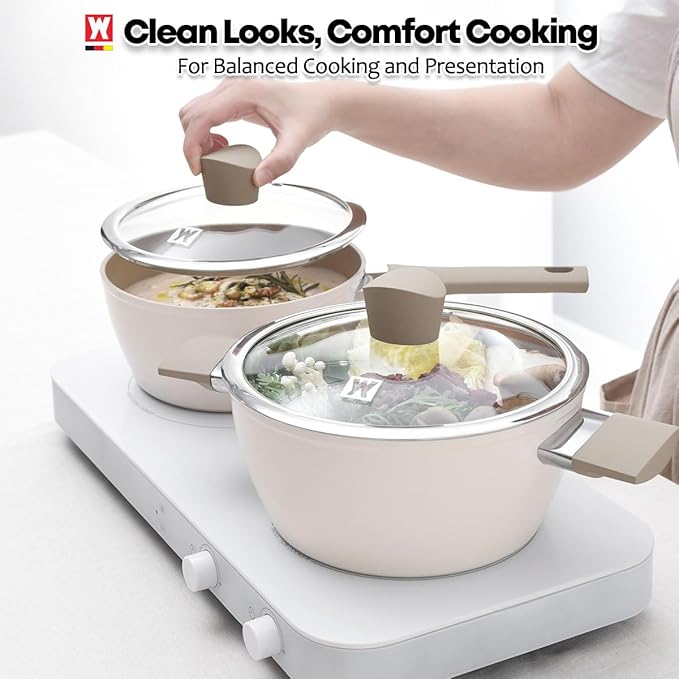 Aluminum Stock Pot with 7-Layered Ceramic Coating, Non-Stick Surface, Tempered Glass Lid, Dual Heat-Proof Handles, PFOA, PFAS, Lead, Cadmium Free, 3.63Liters /3.84Quarts