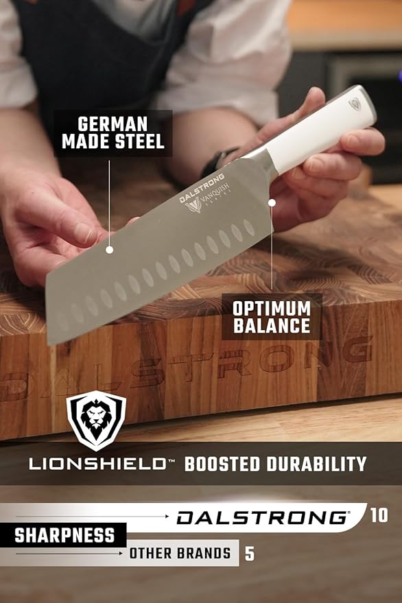 Dalstrong Knife Block Set - 8 Piece - Vanquish Series - Forged High Carbon German Steel - Kitchen Knife Set - Premium Wood Block - White POM Handle - NSF Certified