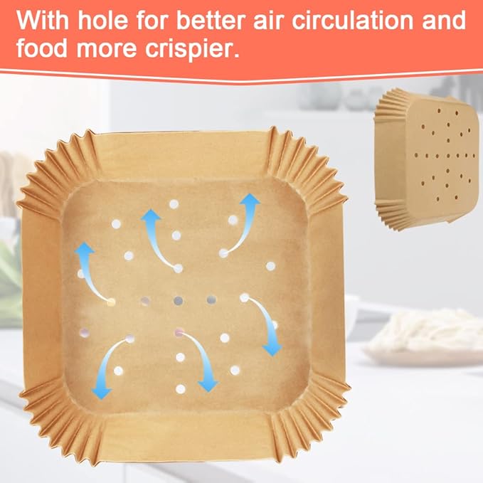 BYKITCHEN Square Air Fryer Liners for 2 to 5 Qt, Set of 100, 8 Inch Perforated Small Air Fryer Parchment Paper, Mini Air Fryer Filters for Basket, Compatible with Chefman, Instant Vortex, Dash & More
