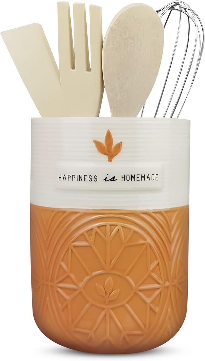 Young's Inc Modern Design Tool Holder with Wood Kitchen Tools, Ceramic Utensil Holder for Kitchen Counter, Cooking Spoon & Spatula Holder for Counter with Utensils, 6-inch Height