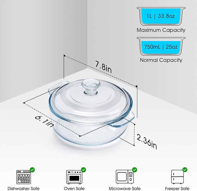 NUTRIUPS Mini Glass Casserole Dish with Lid Oven Safe Round Casserole Dish 6" Glass Baking Dish With Lid (25oz)
