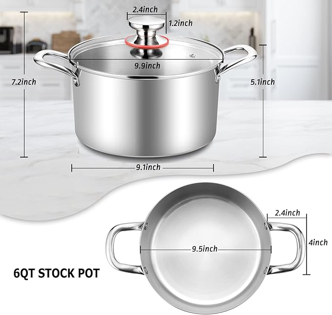 TeamFar 6 Quart Stock Pot, Stainless Steel Tri-Ply Cooking Pasta Pot with Tempered Glass Lid for Induction/Electric/Gas/Ceramic, Healthy & Sturdy, Double Riveted Handles & Dishwasher Safe