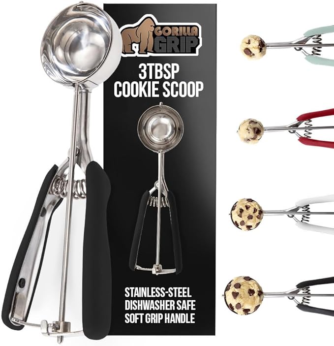 GORILLA GRIP Stainless Steel Cookie Scoop for Baking, 3 TBSP, Multipurpose Melon Baller, Meatball Spring Scoops, Perfect Portion Sizes, Easy Food Release, Scooper Size 20, BPA-Free Kitchen Tool, Black