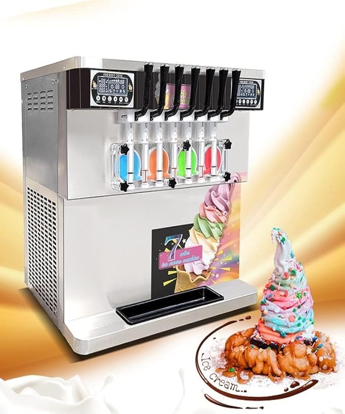 Kolice commercial ETL heavy duty tabletop 7 flavors soft serve ice cream machine, 4+3 mixed flavors frozen yogurt gelato soft ice machine-upper tanks refrigerated, full transparent dispensers