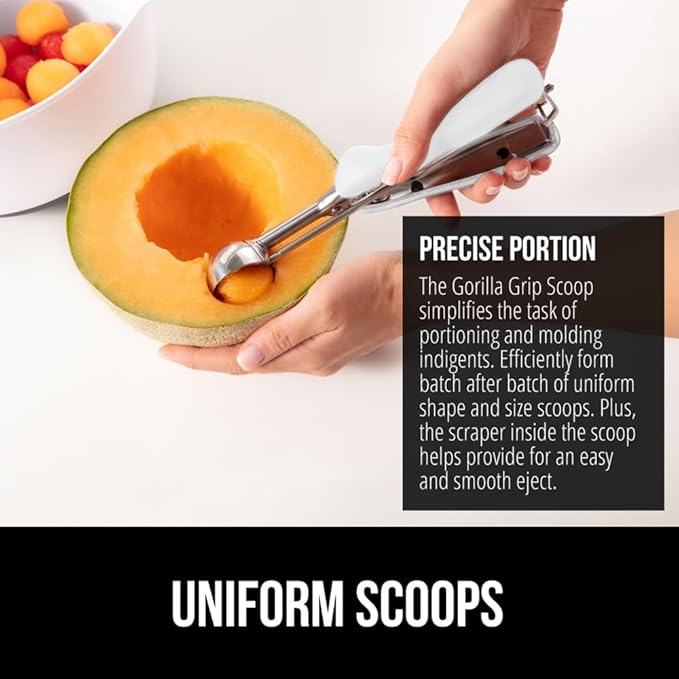 GORILLA GRIP Stainless Steel Multipurpose BPA-Free Spring Scoop, 2 TBSP, Melon Ballers, Cookie Dough Scoops, Perfect Portion Sizes, Easy Squeeze and Clean Release, Scooper Size 40, White