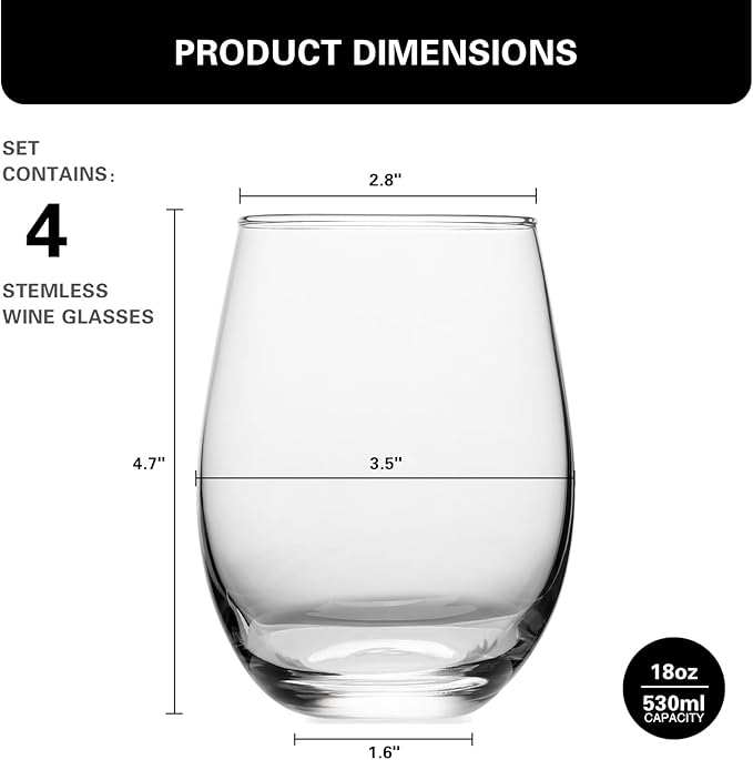 Stemless Wine Glasses Set of 4, 18 Ounces Red & White Wine Glasses for Party, Lead-free, Ideal Wine Accessories Gift (Clear)
