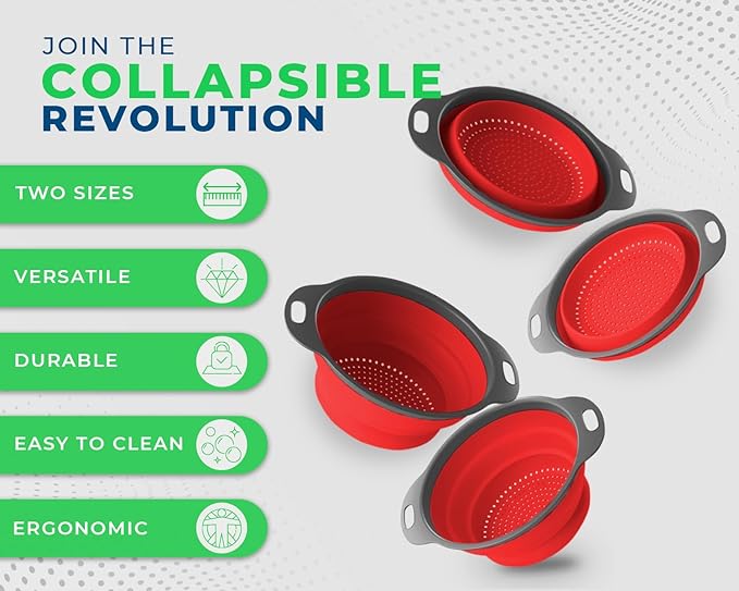 Ultimate Kitchen Strainers Set of 2 - Collapsible Silicone Colanders For Easy Storage by Comfify - Use with Pasta & Veggies or as a Fruit or Berry Bowl with Strainer - Irreplaceable for Campers - Red