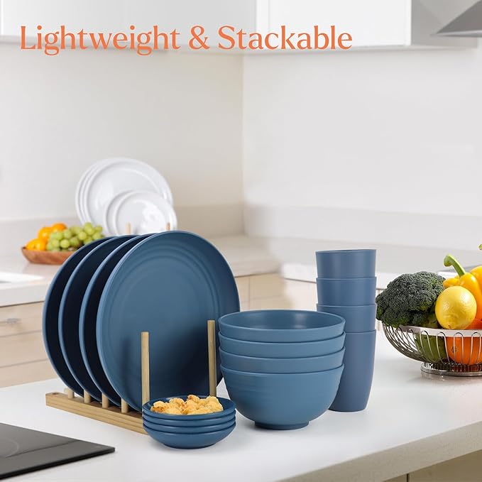 Wheat straw plates and bowls sets of 16 - Unbreakable wheat straw dinnerware sets for camping - Alternative plastic dinnerware set service for 4 - Microwave safe and Dishwasher safe bowls. Blue