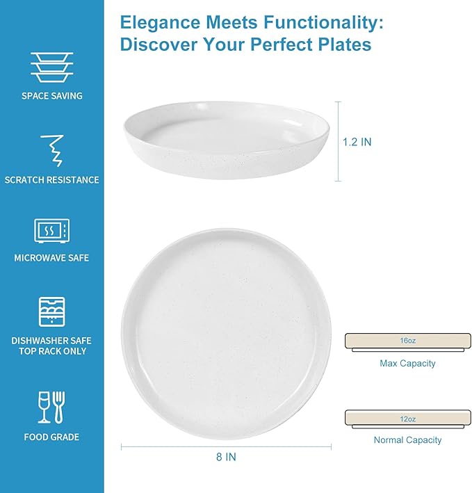 Stoneware Dinner Plates Set of 4, 8 Inch Reactive Matte Glaze Ceramic Plates Set, Modern Dinnerware Dish set for Kitchen,Microwave, Dishwasher Safe, Scratch Resistant,White