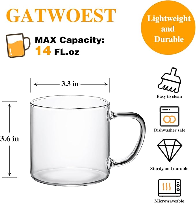 14 oz Glass Coffee Mugs Set of 4 Large Glass Coffee Cups with Anti Scald Handles,Lightweight Durable Clear Mugs for American Cappuccino Latte Tea Milk Espresso Juice Hot and Cold Beverages