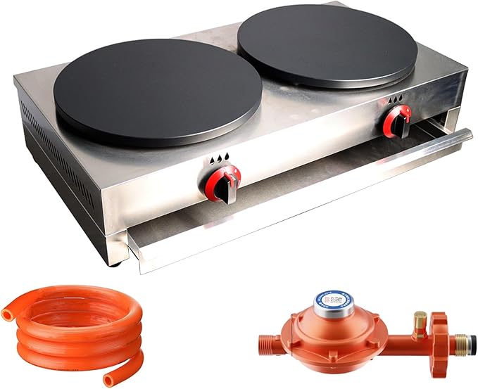 Double LP Gas Crepe Maker 2800Pa Commercial Pancake Machine Nonstick Pan Griddle Machine Table Size 15.75″×2 for Blintzes Eggs Bacon