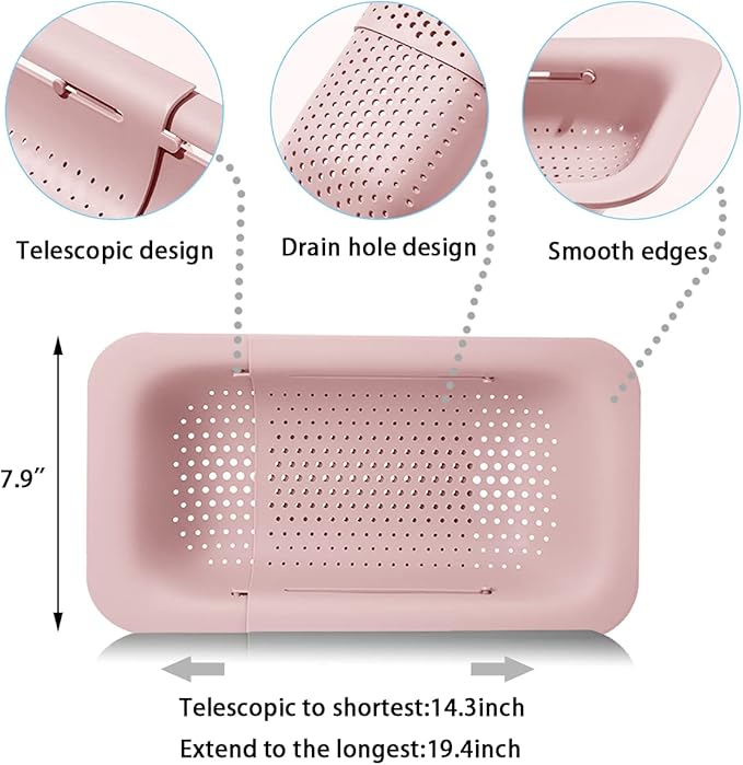 Collapsible Sink Colanders and Strainers Basket Over the Sink Colander Collapsible Colander Extendable Plastic Fruit Vegetable Strainer Drainer Basket for Kitchen(Length 14.3 inch-19.4 inch) (Pink)